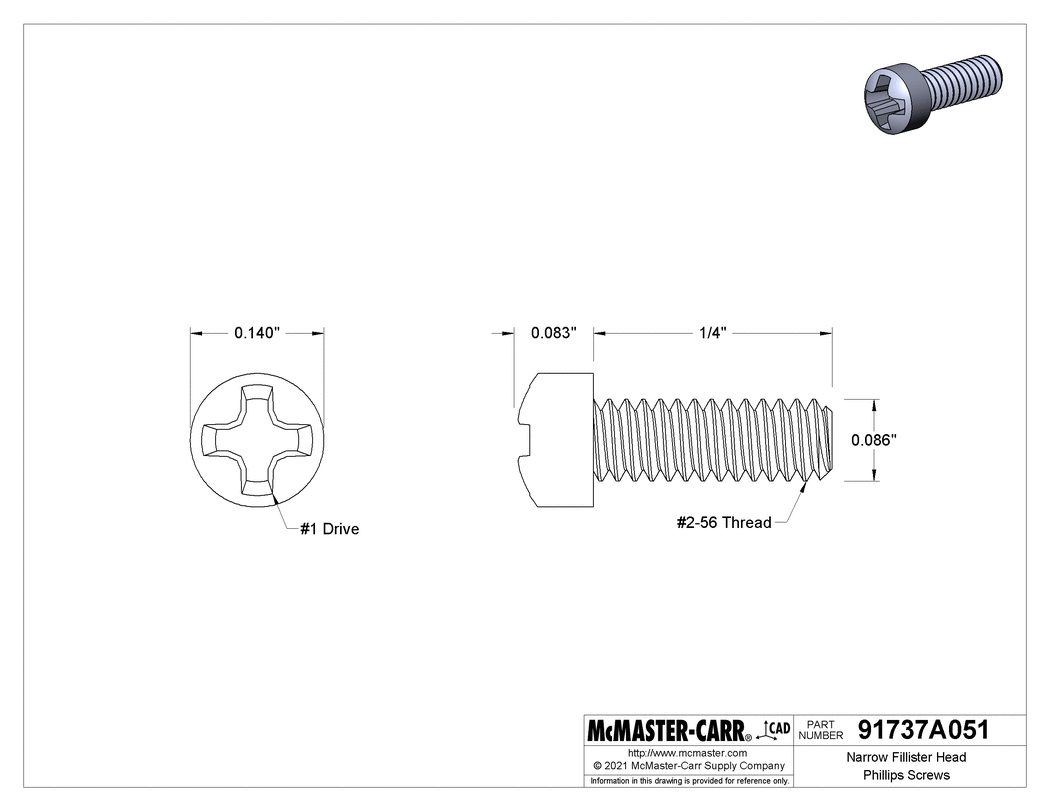 Technical Drawing of Narrow Fillister Head Phillips Screws, High-Profile, 2-56 Thread, 1/4" Long.
